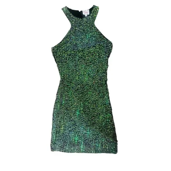 Parker Sequins Beaded Halter Mini Dress Womens Small Green Party Prom Holiday Parker Sequins Beaded Halter Mini Dress Womens Small Green Party Prom Holiday